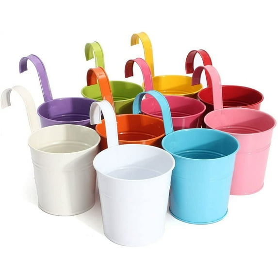 Hanging Flower Pots with Hook, Balcony Planters Metal Bucket for Railing, Fence, Window, Patio, Garden Flower Pots, Wall Hanging Planter Indoor/ Outdoor.