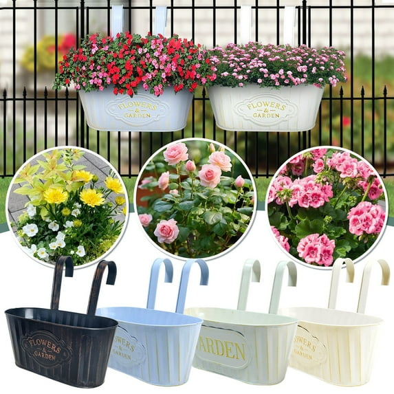 Hanging Flower Pots Metal Iron Bucket Planter for Railing Fence Balcony Garden Home Decoration Flower Holders with Detachable Hooks B