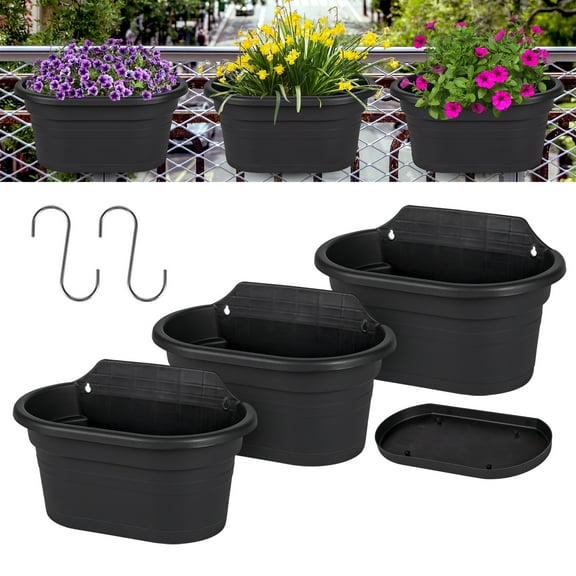 Hanging Flower Pots for Railing,11 inch Black Plastic Fence Hanging Railing Planter for Outdoor Plants Countryside Style Window Flower Bucket Pots with Detachable Hooks Outdoor Home Decor,3 Pack,Black