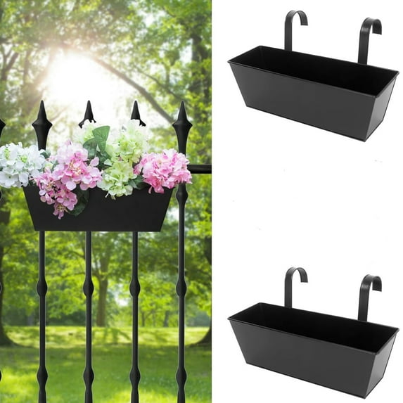 Hanging Flower Pots for Railing 16 inch Railing Planter Box Hanging Planters Gardening Containers Rustic Pots Bucket Mount Wall Porch Iron Hanging Basket Flowerpot for Herbs & Flowers, 2Pcs Black
