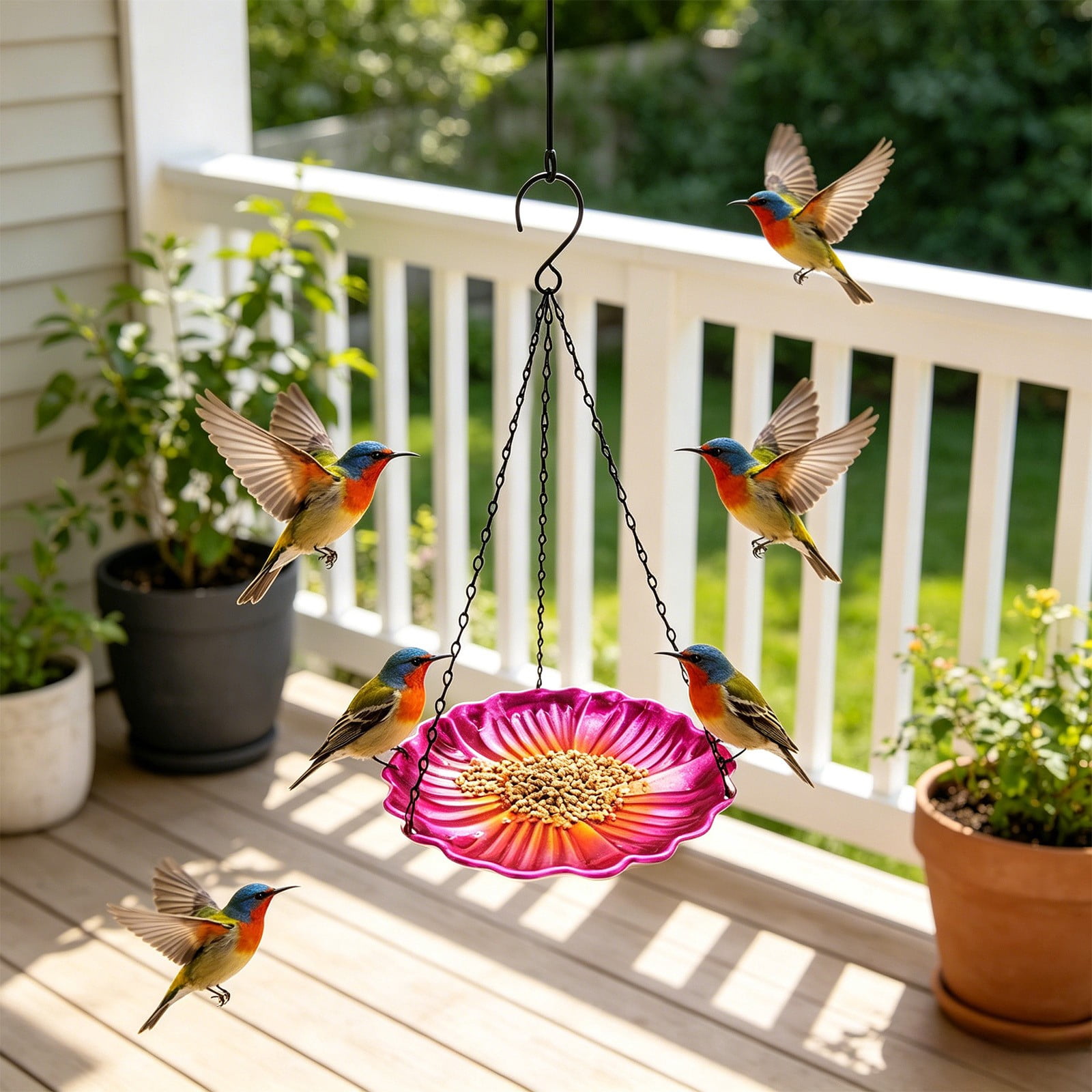 Hanging Flower-Shaped Metal Bird Bath & Feeder, Pink Wild Bird Watering Station, Decorative Outdoor Garden Tray for Backyard Bird Watching