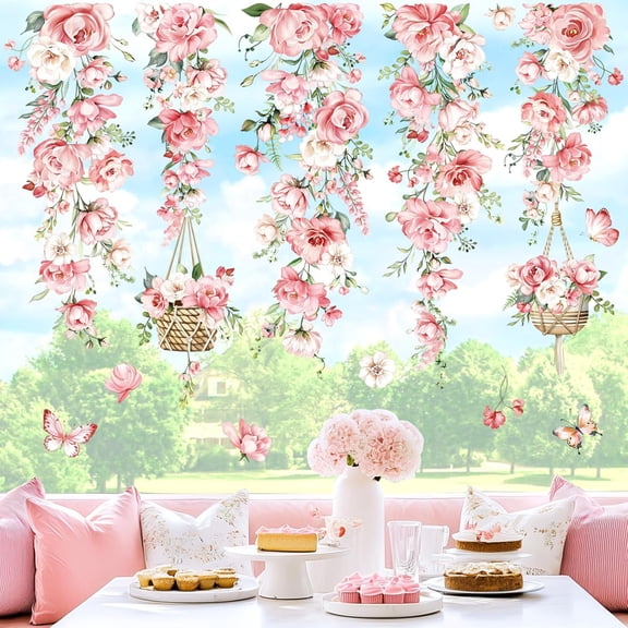 Hanging Flower Vine Double Sided Window Clings Pink Peony Floral Window Decals Anti-Collision Glass Window Doors Window Stickers