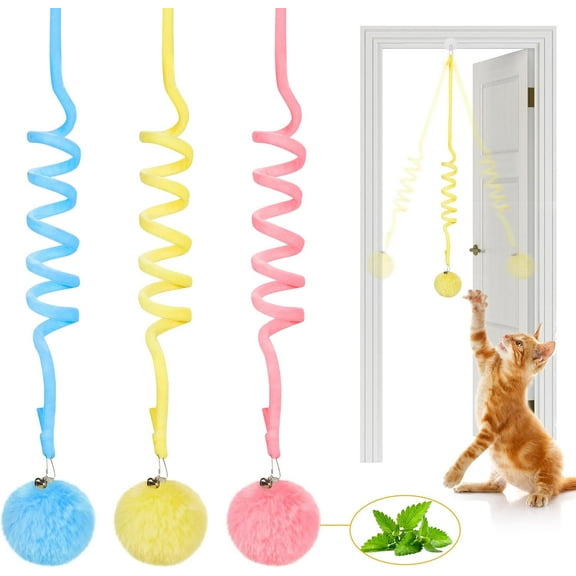 Hanging Fluffy Cat Catnip Ball Toys 3 Pcs with Bell, Interactive Cat Teaser Retractable Toys Indoor Kitten Play Chase Exercise Physical Stimulation