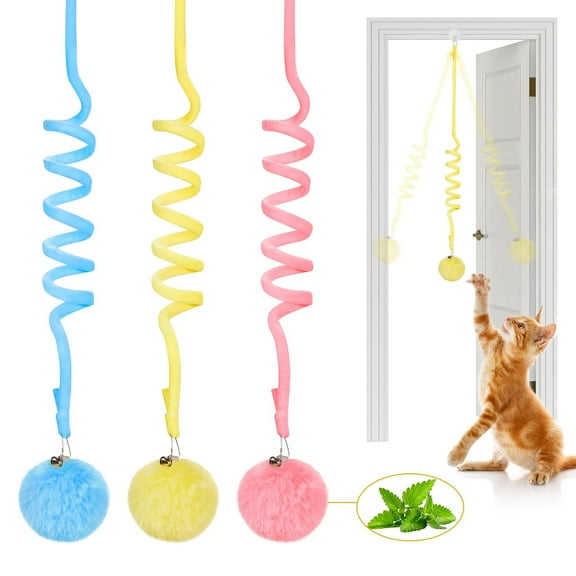 Hanging Fluffy Cat Catnip Ball Toys Interactive Teaser Retractable, 3 Pcs Cat Toys with Bell Indoor Kitten Play Chase Exercise Physical Stimulation