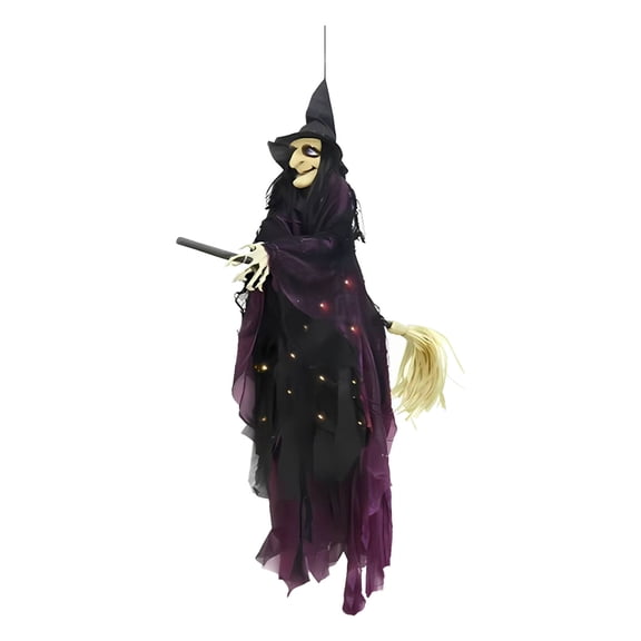 Hanging Flying Witch Decoration 78.74 Inch with LED Glowing Eyes and Scary Sounds, Animated Broomstick Witch for Halloween, Spooky Indoor Outdoor Haunted House Garden Yard Use (Black)