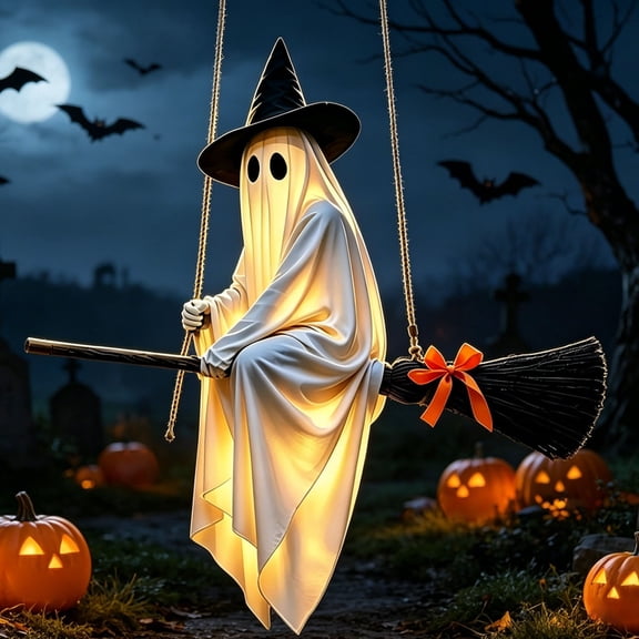Hanging Flying Witch Ghost Ornament Halloween Light Up Ghost 55.12 Inch Large Broom Riding Ghost Decor Warm LED Lights for Tree Eave Window Outdoor Halloween Yard Party Decor