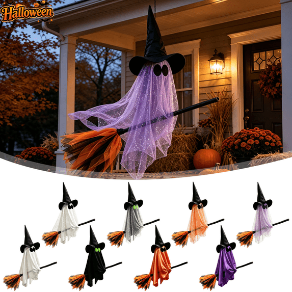 Hanging Flying Witch Ghost Riding Broom Ornament, Soft Fabric Halloween Wall Tree Porch Decor, Handmade Tail Spooky Hanging Prop For Yard Halloween Party Indoor Outdoor Decorations Holiday Gift
