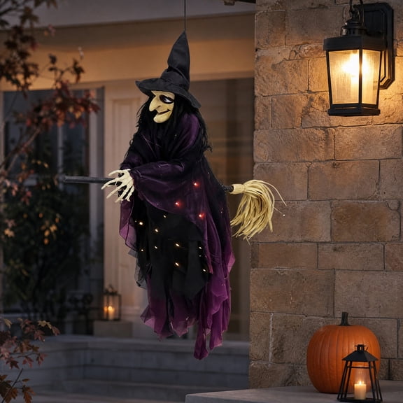 Hanging Flying Witch Halloween Decor, Light Up Witch on Broomstick with Purple Fabric Robe, Outdoor Haunted Yard Ornament for Porch Tree Patio, Spooky LED Halloween Party Decoration
