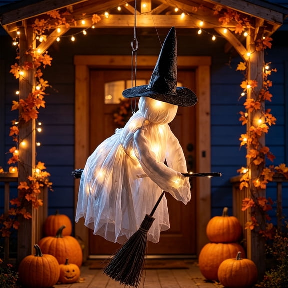 Hanging Flying Witch Ornament, Ghost White Robe Witch with Broom Decor, Floating Halloween Witch Pendant, Outdoor Hanging Ghost Witch Prop, Lightweight Fabric Witch Scene Decoration for Tree
