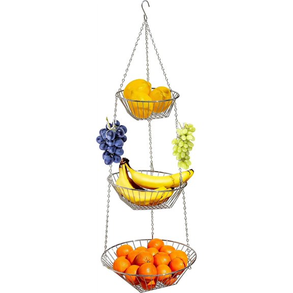 Hanging Fruit Basket, 3-Tier, Chrome | Adjustable & Separable Baskets, Includes Ceiling & Banana Hooks