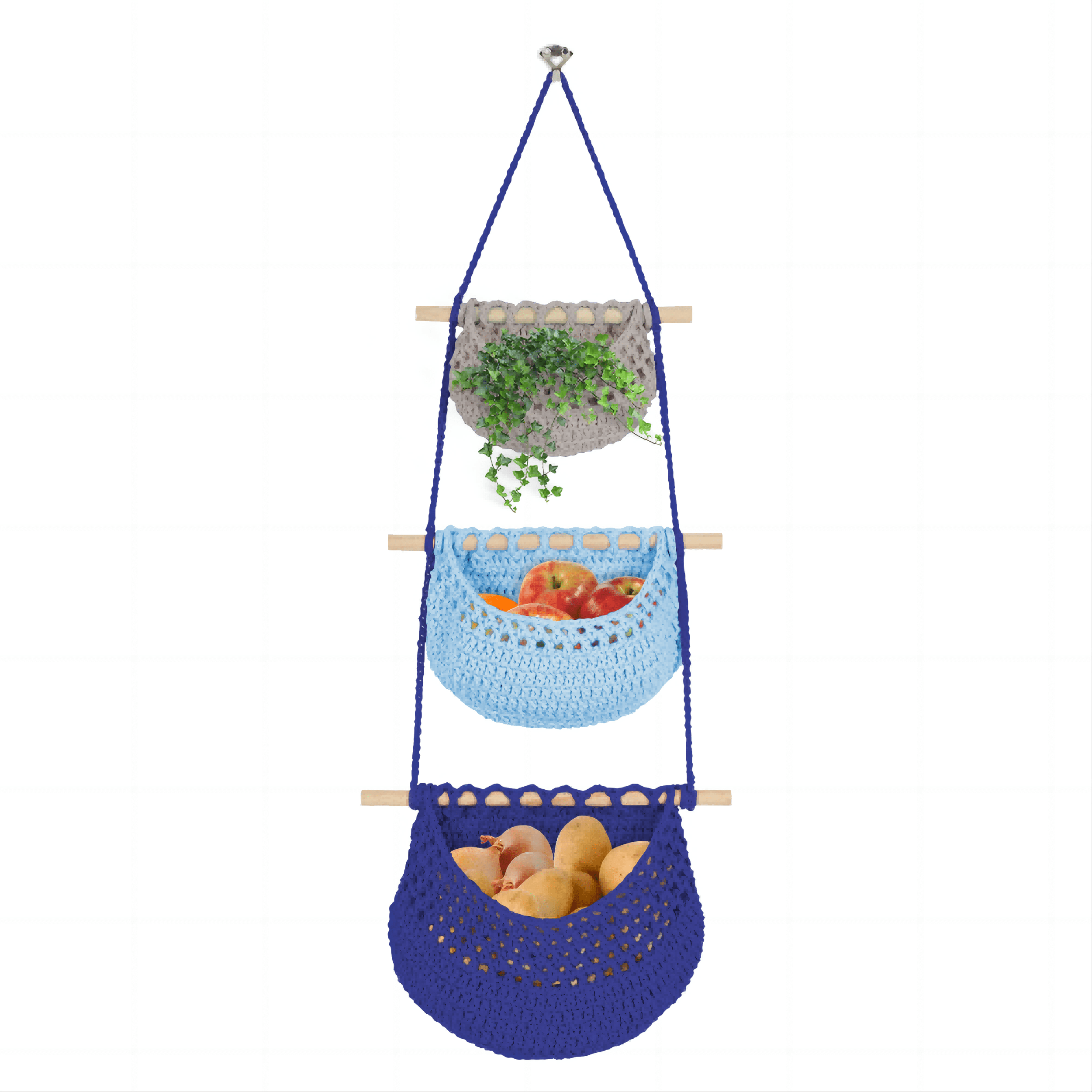Hanging Fruit Basket, 3 Tier Detachable Wall Hanging Basket Over the Door Organizer for Fruit Vegetable Plant Decor, Gray Blue Boho Handwoven Cotton Rope Fruit Basket for Kitchen Bathroom Bedroom