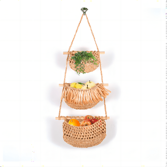 Hanging Fruit Basket, 3 Tier Detachable Wall Hanging Basket Over the Door Organizer for Fruit Vegetable Plant Decor, Raffia Boho Handwoven Fruit Basket for Kitchen Bathroom Bedroom Van
