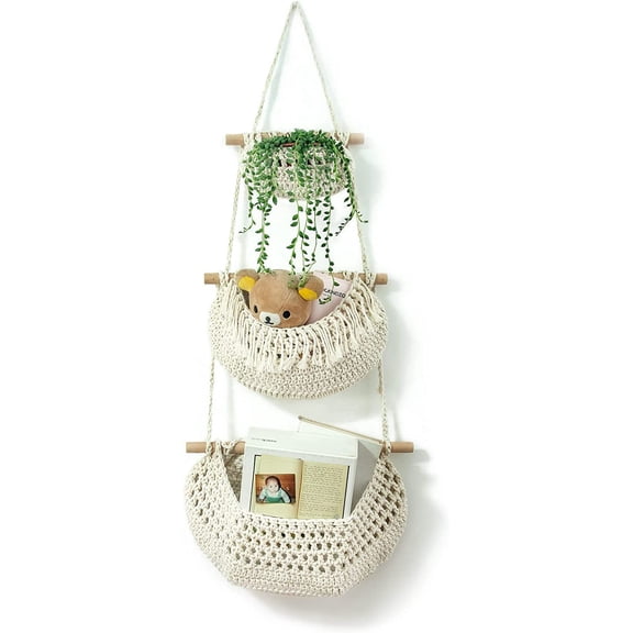 Hanging Fruit Basket,3 Tier Over the Door Organizer, Handmade Woven Cotton Rope Wall Hanging Baskets for Organizing, Boho Wall Basket Decor, Storage Baskets for Kitchen