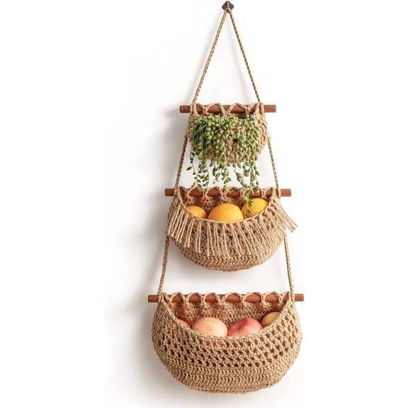Hanging Fruit Basket ,3 Tier Over the Door Organizer, Handmade Woven Jute Wall Hanging Baskets for Organizing, BOHO Wall Basket Decor, Storage baskets for kitchen , Living & Bathroom Bedroom