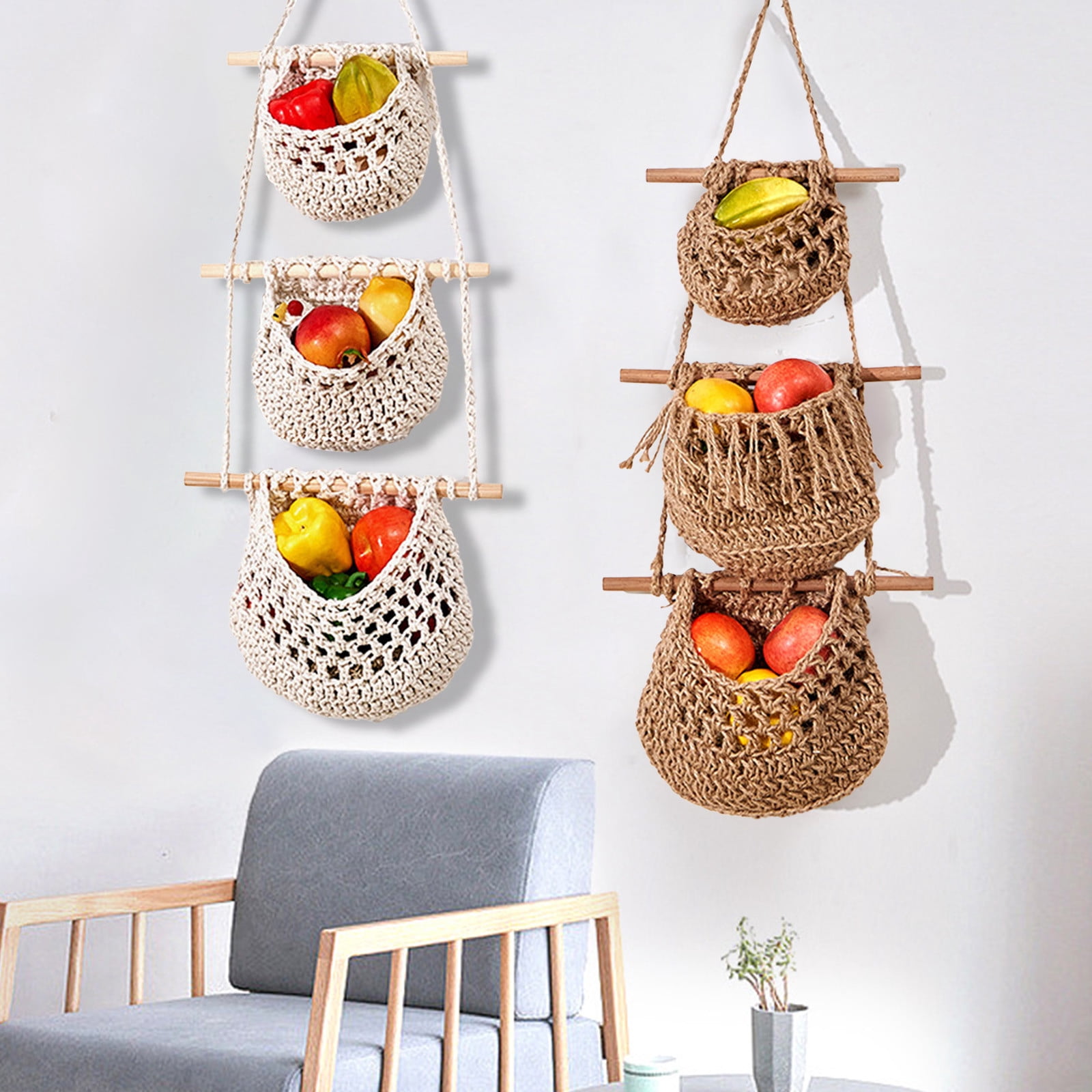 Hanging Fruit Basket Organizer | 3-Tier Handwoven Jute Wall Basket for ...