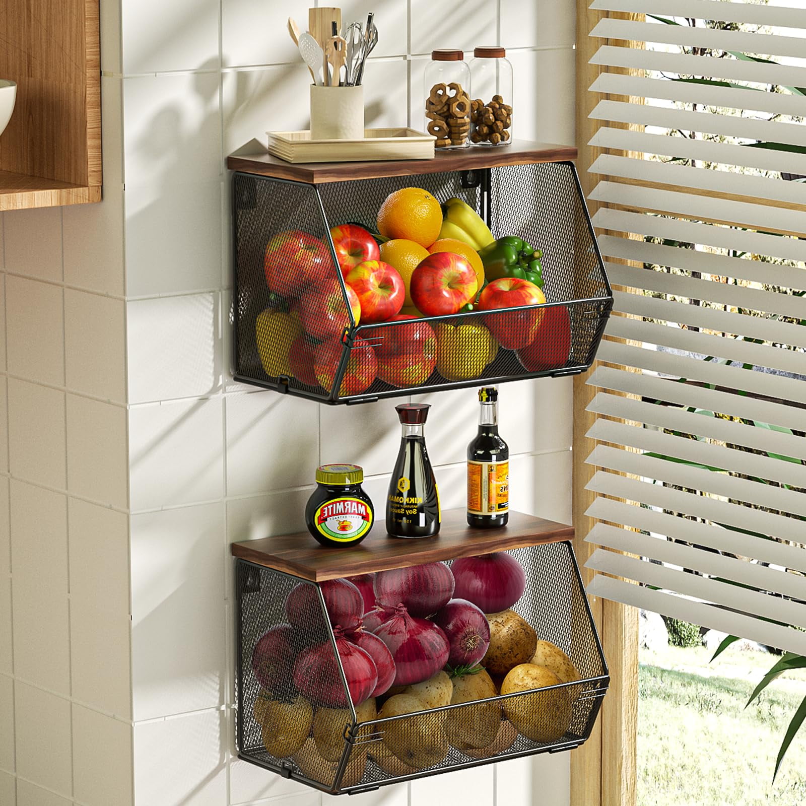 Hanging Fruit Basket Wire YPF5 Baskets with Wood Lid, Stackable Kitchen
