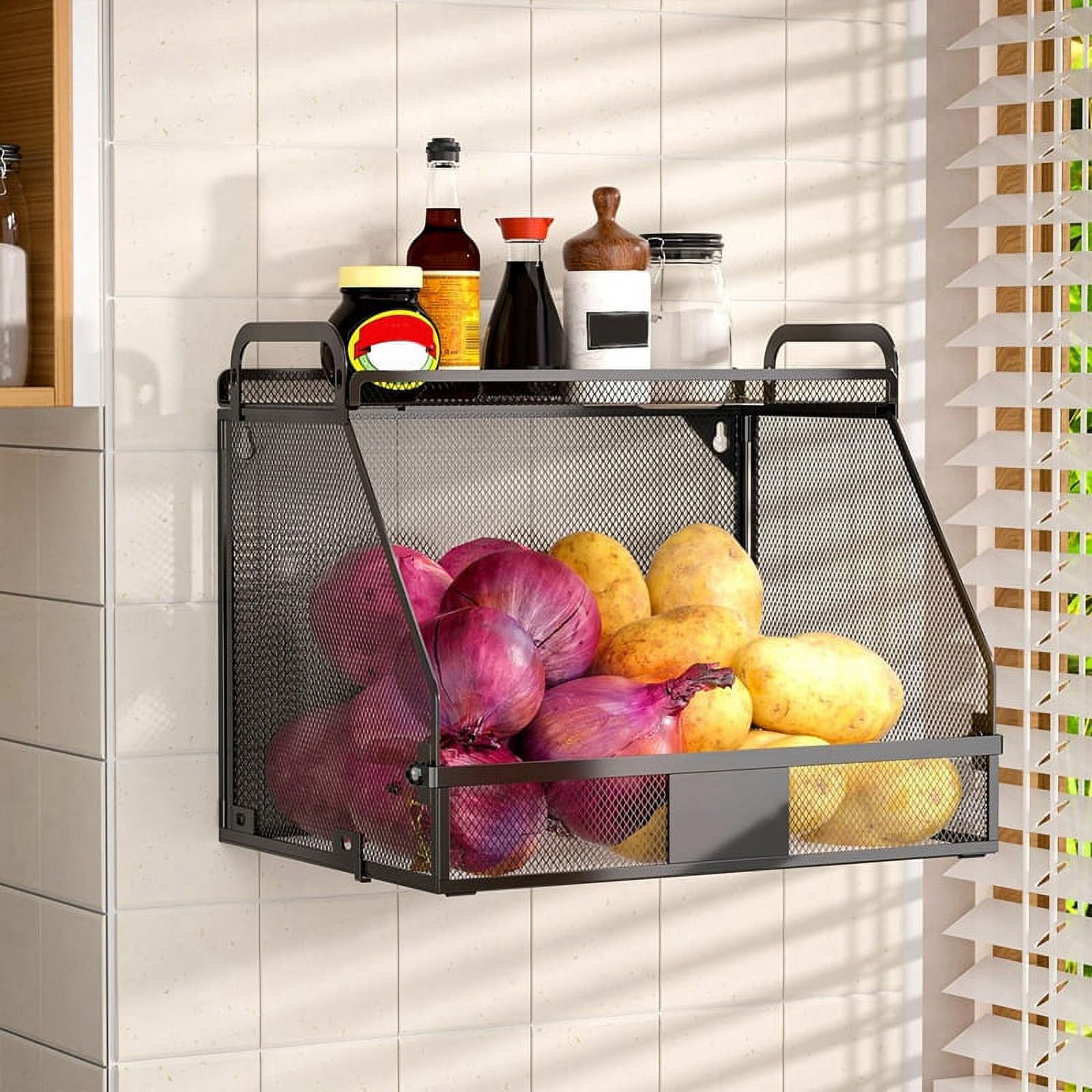 Hanging Fruit Basket for Kitchen, Kitchen Organizers and Storage Potato Onion Wall Baskets Pantry Black
