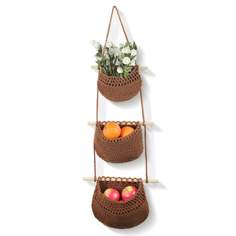 Hanging Wood Basket Handmade Woven Storage Baskets for Kitchen Garden Wall  Flower Pot Fruit Vegetable Sundries Organizer Decor