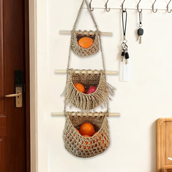 Hanging Fruit Baskets 3 Tier Wall Storage Organizer, Handwoven Door Basket Large Capacity Vertical Storage Decor, Produce Snack Organizer for Kitchen Living Room Bathroom Pantry