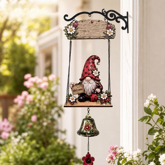 Hanging Garden Welcome Sign - Zinc Alloy Wind Chime Bell with Gnome and Swing Design