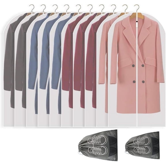 Hanging Garment Bag Lightweight Full Zipper Suit Bags (Set of 10) Clear Garment Bags, PEVA Garment Covers for Closet Clothes Storage -24'' x 48''/10 Pack