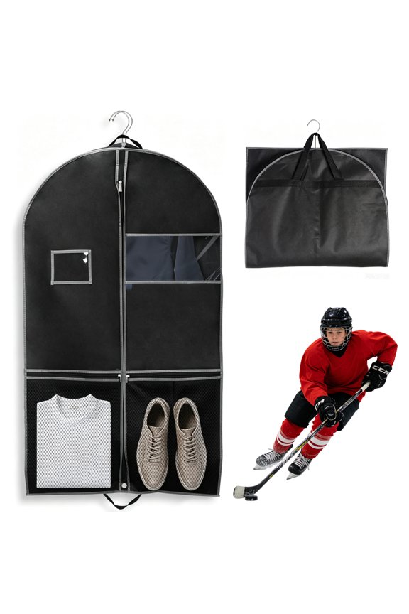Hanging Garment Bag Single Pack, Black Dustproof Suit Storage Bag with Mesh Shoe Pockets, Clear Window for Hockey Jerseys,Travel Closet Organizer(42.5")
