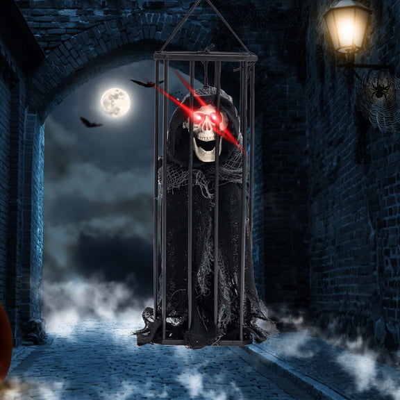 Hanging Ghost Decoration - Glow in The Dark Skeleton in Prison Cage, Terrifying Haunted House Props for Indoor Outdoor Halloween Party Decor, Door Porch Yard Bar KTV