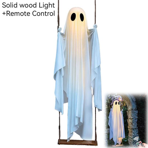Hanging Ghost Decoration with Remote Control, 4-5FT Outdoor Inflatable Ghost with Wood Swing