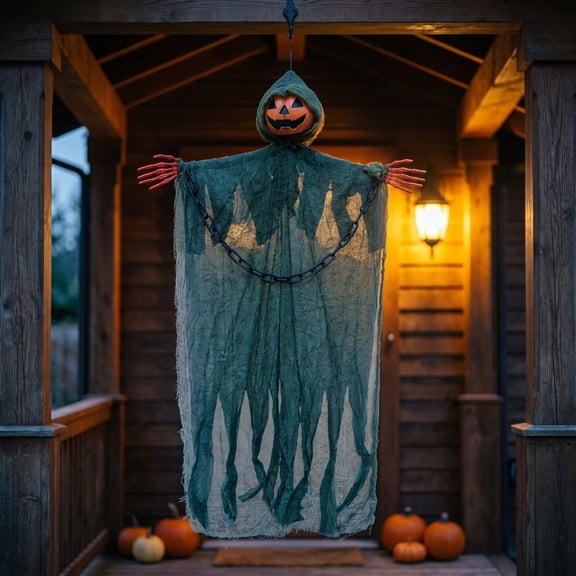 Hanging Ghost Decorations Outdoor Halloween Pumpkin Specter with Skeleton Hands and Chain Yard Decor 45 Inch