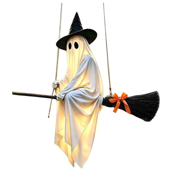 Hanging Ghost Flying Broomstick Halloween Decorative Light (With Light and Remote Control) Flying Broomstick Ghost