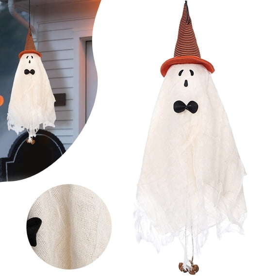 Hanging Ghosts Halloween Decor, Halloween Decorations Outdoor, Cute Ghost Witch Hat for Patio Yard Front Porch Tree House Party, Orange Hat