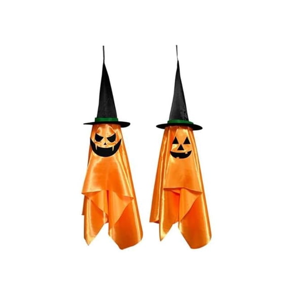 Hanging Ghosts with Wizard Snicker Scary Face Halloween Party Hanging Decorations Pumpkin Wizard Hat for Eave Tree Porch, Orange - Pack of 2 - Unisex