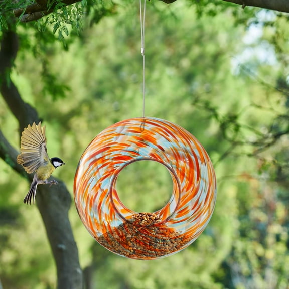 Hanging Glass Bird Feeder for Outdoors – Transparent Garden Feeder with Rainproof Lid, Easy to Clean, Decorative Bird Seed Feeder for Courtyard, Patio, or Balcony Use (22.5cm)