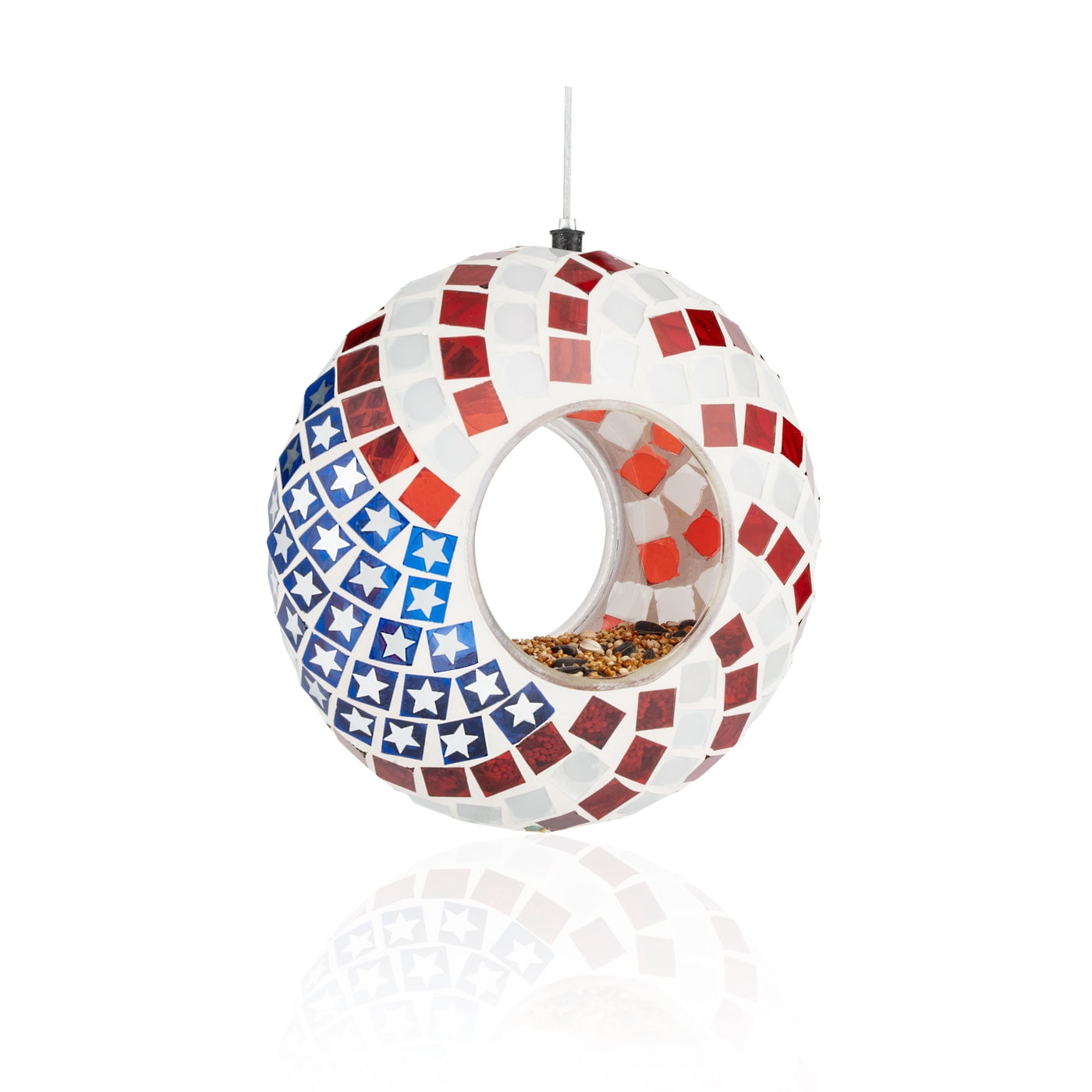 Patriotic Red White Blue Mosaic Glass Hanging Bird Feeder