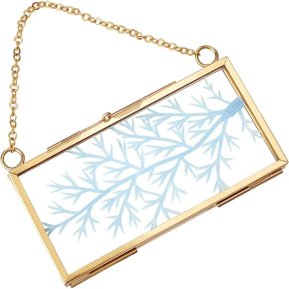 Hanging Glass Frame Brass Rectangle Wall Frames (4x2inches/110x62mm) for Display Pressed Plant Specimen Dried Flowers DIY Artwork Photo Picture Herbarium Golden Bronze