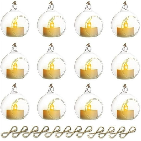 Hanging Glass Globes Orbs Tea Light Candle Holders with Flameless LED Tealight for Wedding Ornaments, Wedding Birthday Christmas Party Centerpiece Accessory 2.36inch 10pcs +2 Extra