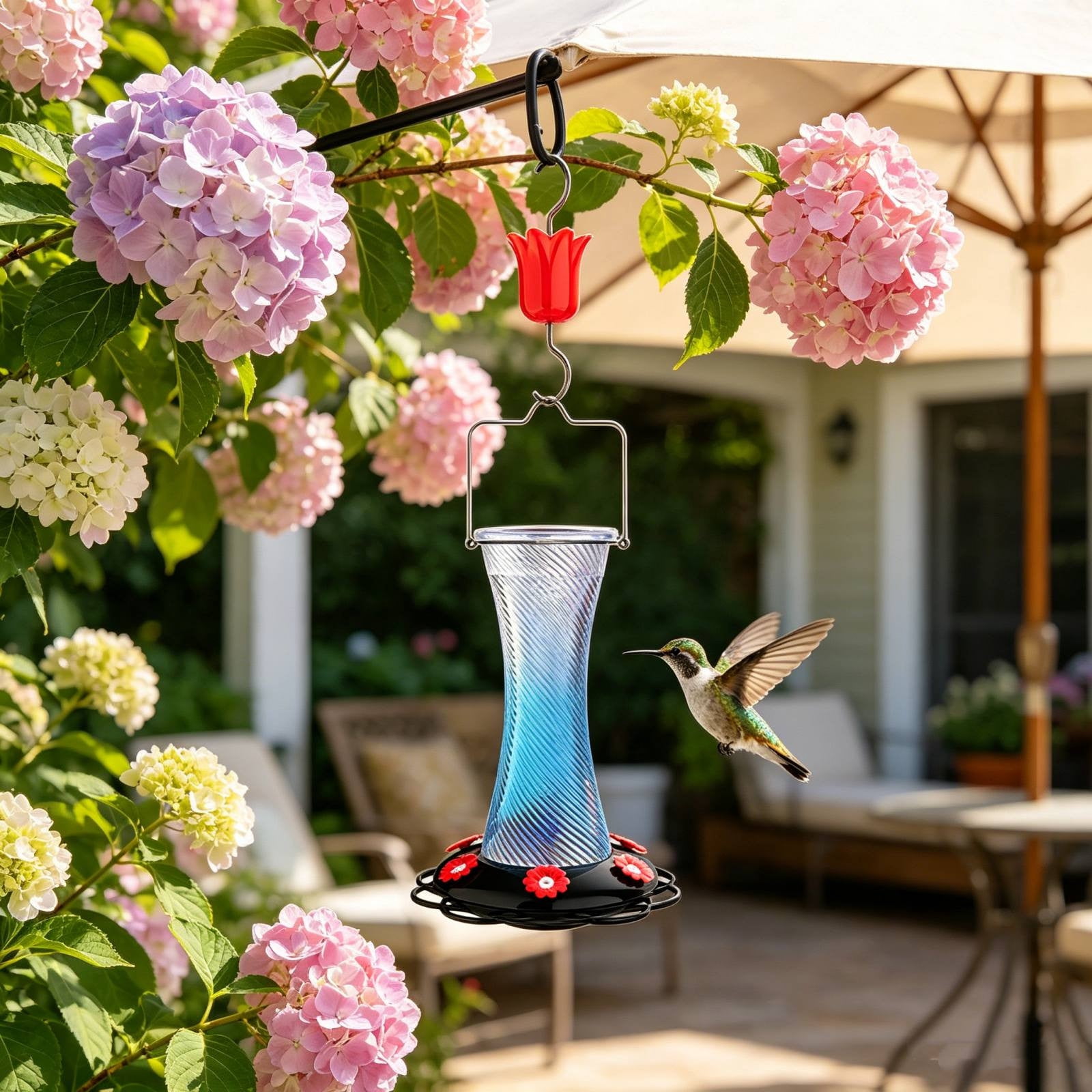 Hanging Glass Hummingbird Feeder, 7.8in Outdoor Decorative Wild Bird Nectar Feeder With Flower‑Shaped Ports