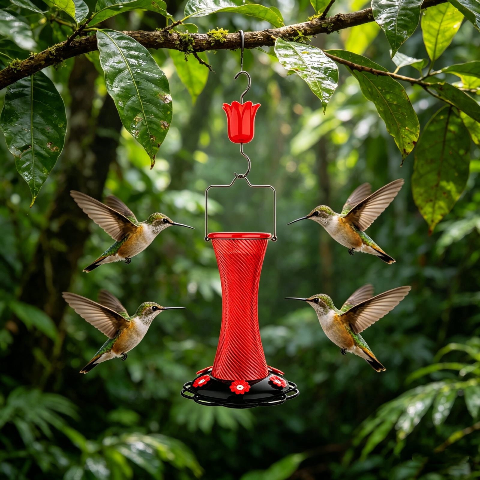 Hanging Glass Hummingbird Feeder, 7.8in Outdoor Decorative Wild Bird Nectar Feeder With Flower‑Shaped Ports