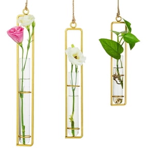 Hanging Glass Propagation Tube Vase, Hydroponic Vases, Gold, 3Pcs | 12.8/10.7/8.8in Black Clear Floral Terrarium Container for Plant Cuttings, Transparent Wall Decoration Home, Balcony