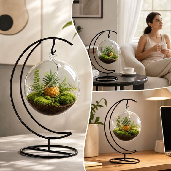 Hanging Glass Terrarium with Metal Stand, Round Globe Plant Holder for Air Plants and Mini Landscapes, Desktop Tabletop Botanical Display for Home Office Desk Garden Decor and DIY Crafts