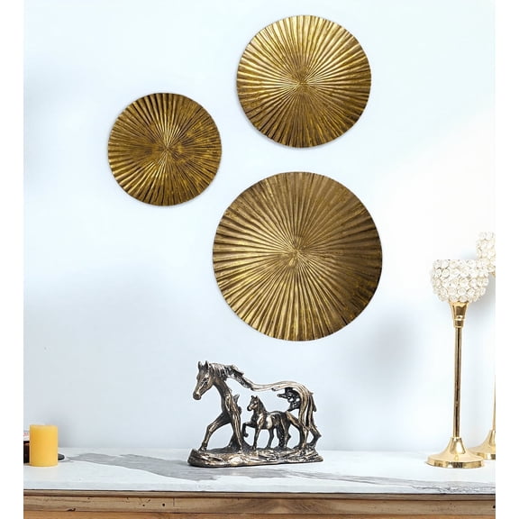 Hanging Gold Color Ribbed Metal Circles Wall Decoration - Set of 3 Different Sizes: 12", 15", and 18" Diameter