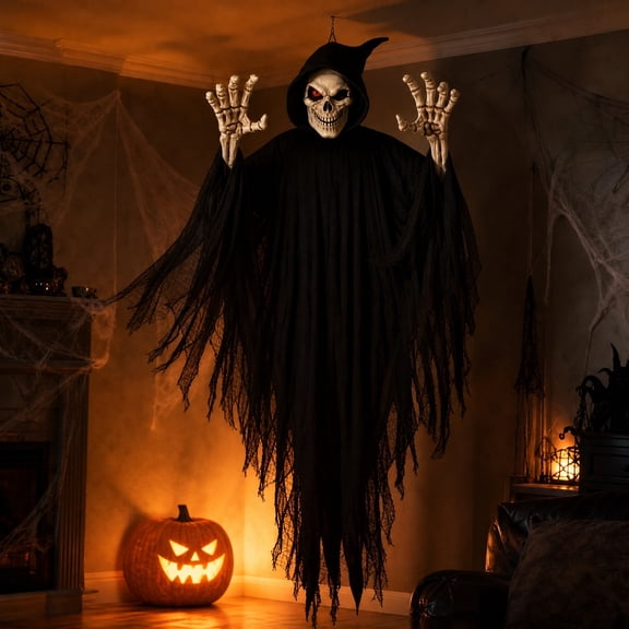 Hanging Grim Reaper Halloween Decor with Glowing Red Eyes, Tattered Black Robe Skeleton Ghost Ornament, Spooky Floating Specter for Front Yard Tree Decor