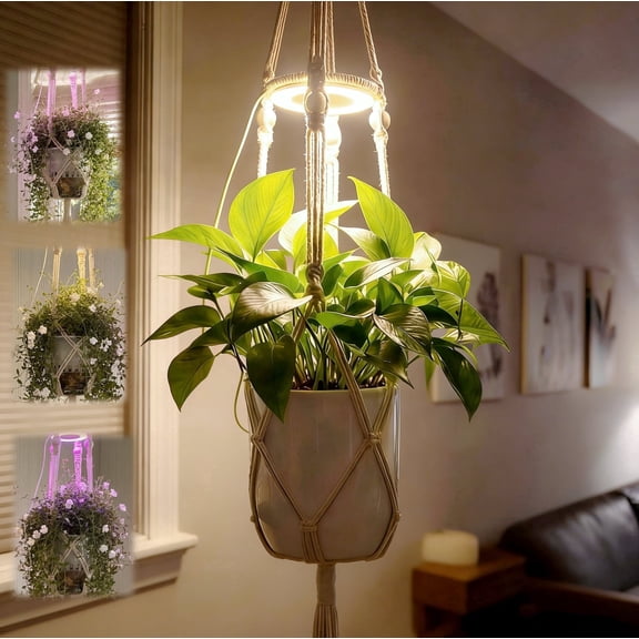 Hanging Grow Light Planter, Full Spectrum LED Plant Light for Indoor Plants, Macrame Hanging Plant Holder with Grow Lamp, Hanging Planter for Indoor Plants with Grow Light for Home Decor, Balcony, Li