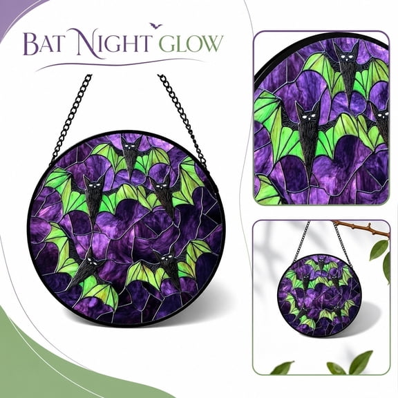 Hanging Halloween Decor, Halloween Hanging Decorations, Bat Halloween Decor, Halloween Yard Decorations Outdoor, 7 Inch Round Acrylic Mosaic Bat Pattern Hanging Ornament for