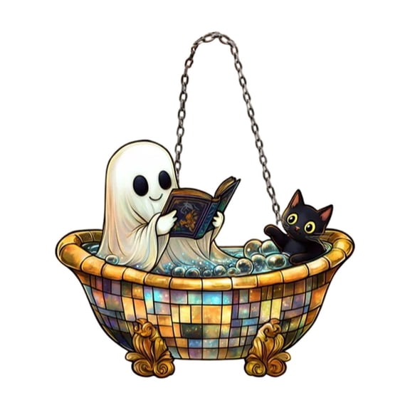 Hanging Halloween Decorations 2D Acrylic Reading Ghost Window Hanging Decor Cute Ghost with Black Cat Halloween Decor for Home Party Indoor Seasonal Display 1 Pack