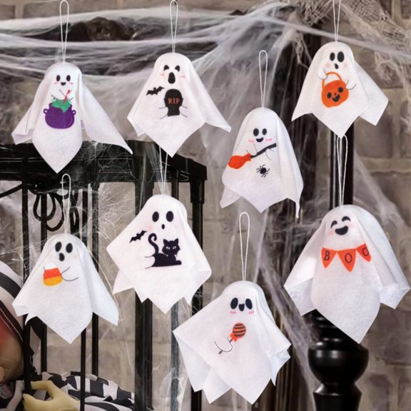 Hanging Halloween Decorations 3.5 Inch Cute Ghost Fabric Ornaments Indoor Outdoor Halloween Party Decor for Porch Classroom Haunted Mansion 16 Pack