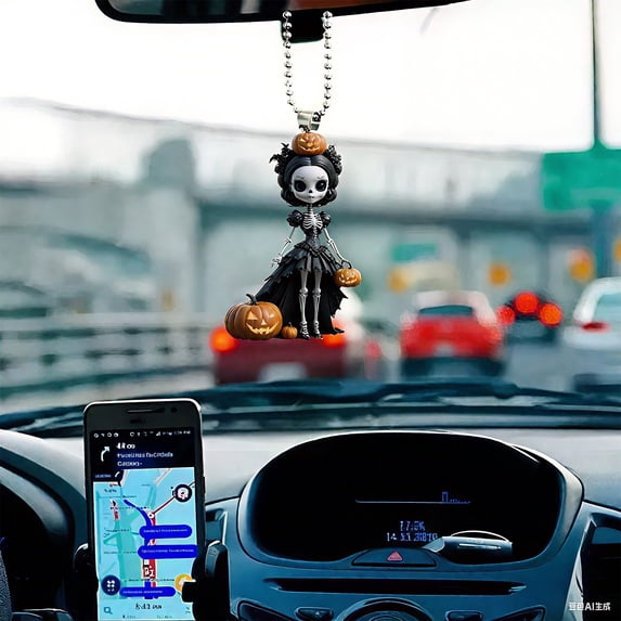 Hanging Halloween Decorations 3 X 2.5 Inch Acrylic Skeleton Witch Figure Hanging Spooky Halloween Decor Halloween Car Decor for Interior Rear View Mirror Charm 1 Pack