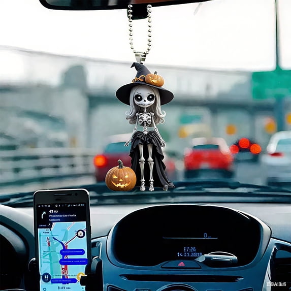Hanging Halloween Decorations 3 X 2.5 Inch Skeleton Witch Hanging Ornament Spooky Halloween Decor for Car Interior 1 Pack