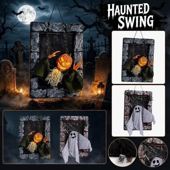 Hanging Halloween Decorations, Animated Halloween Decorations, Spooky Halloween Decorations, Halloween Wall Decorations, Light Up Sound Activated Swinging Jack O Lantern Tombstone