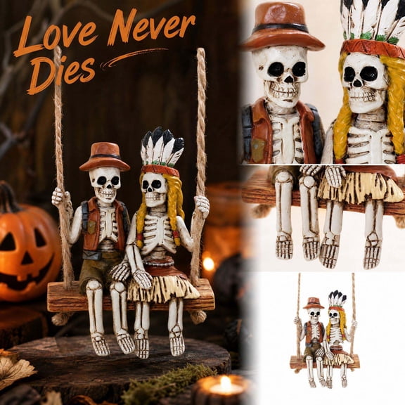 Hanging Halloween Decorations Skeleton Couple on Wooden Swing, 1 Piece, Multicolor, for Porch and Patio, Halloween Skeleton Decor